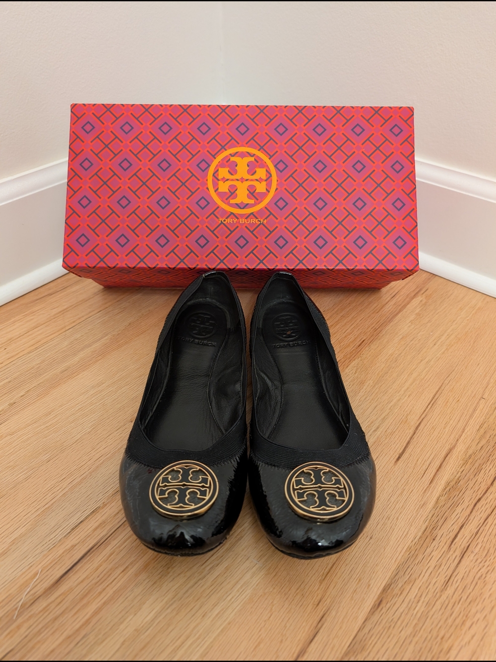Tory Burch Black Patent Leather Logo Ballet Flats